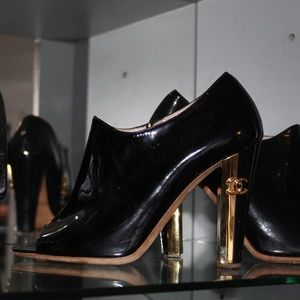 Chanel  PatentLeather Booties with Gold CC Heel!